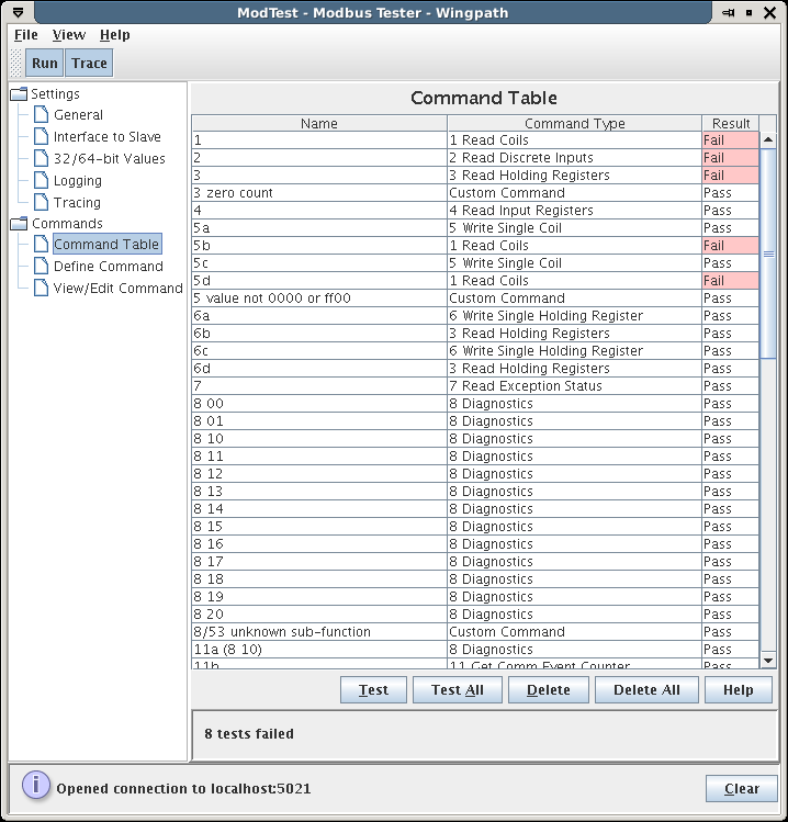 ModTest screenshot - Command Table